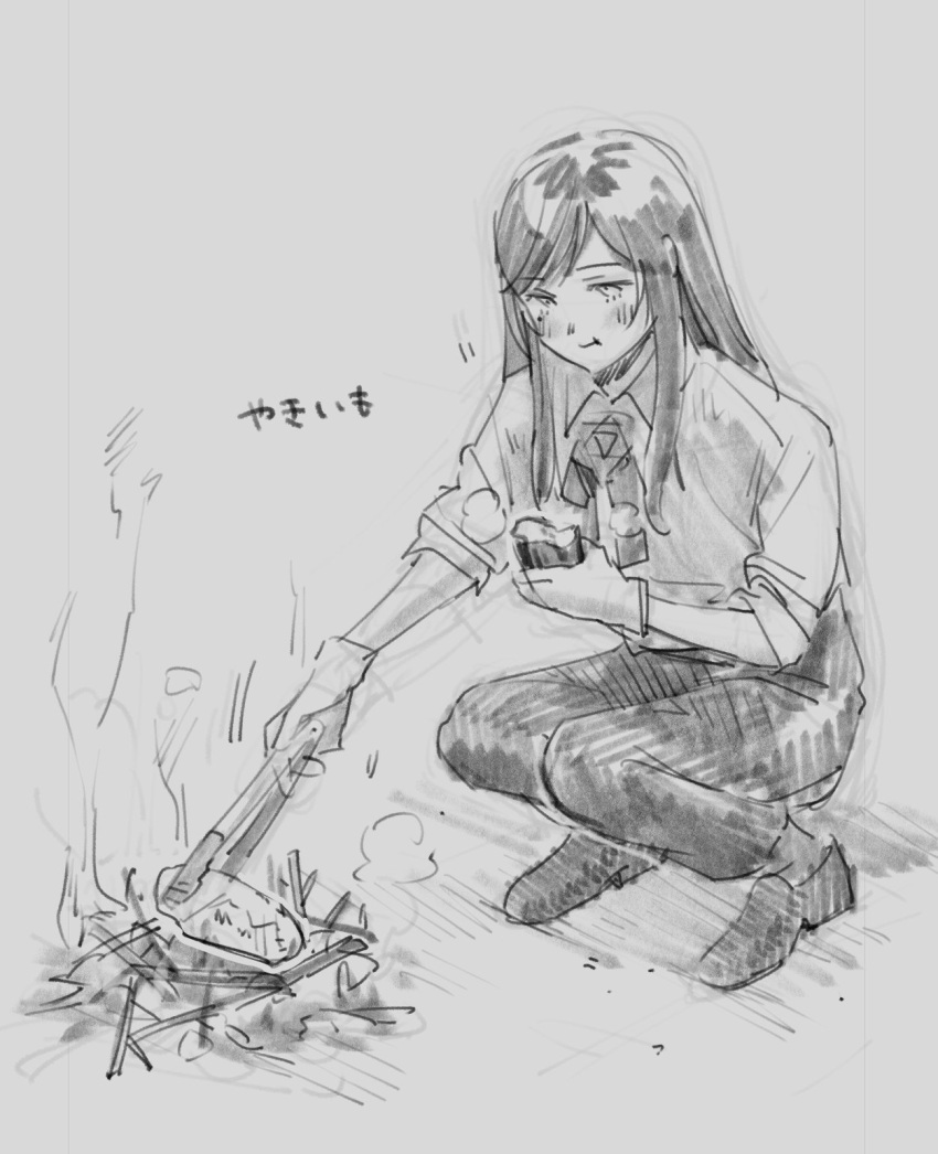 1girl ado_(utaite) blush campfire chando_(ado) closed_mouth cloud_nine_inc commentary daisukisan eating food gloves greyscale highres long_hair mole mole_under_eye monochrome pants roasted_sweet_potato sidelocks sleeves_rolled_up solo squatting sweet_potato traditional_media translated utaite