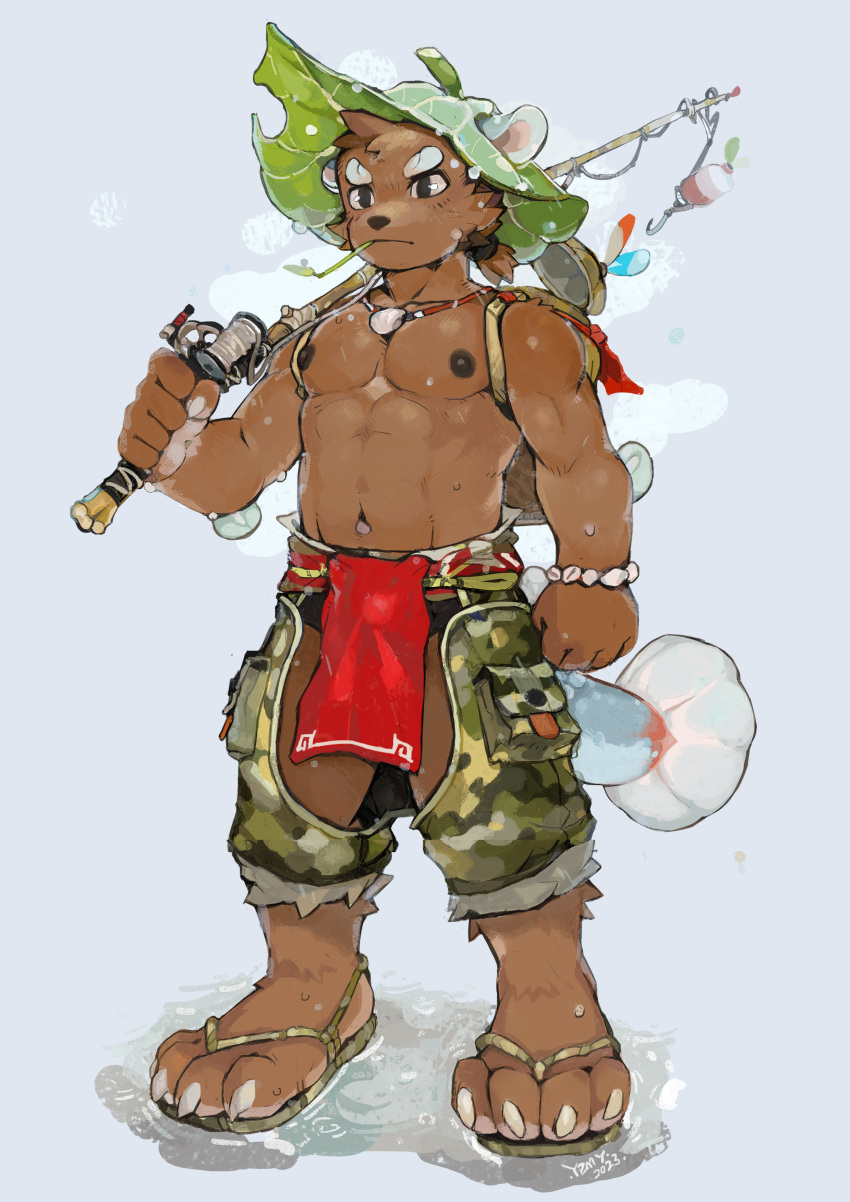 4_toes 5_fingers abs absurd_res anthro athletic athletic_anthro athletic_male bottomwear brown_body brown_eyes brown_fur brown_nipples camo camo_bottomwear camo_clothing camo_print camo_shorts claws clothing feet fingers fishing_rod footwear fur hair hi_res kemono leaf_on_head loincloth lotus_leaf male monotone_body monotone_fur nipples pattern_bottomwear pattern_clothing pattern_shorts sandals shirtless_anthro shirtless_male shorts solo species_request tied_hair toes white_claws yzmuya