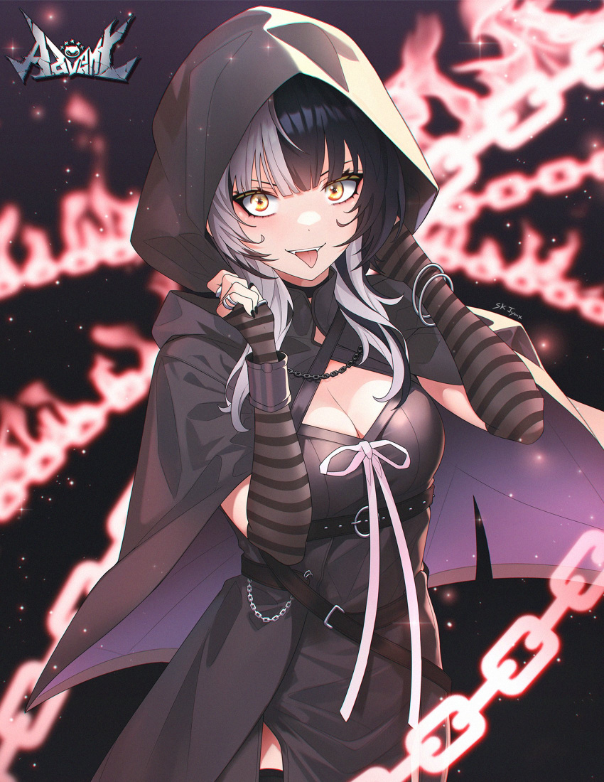 1girl black_cape black_dress black_hair black_sleeves blunt_bangs cape chain commentary detached_sleeves dress english_commentary fangs highres hololive hololive_english hood hood_up hooded_cape looking_at_viewer medium_hair multicolored_hair shiori_novella sk_jynx sleeveless sleeveless_dress solo split-color_hair streaked_hair striped_sleeves tongue tongue_out virtual_youtuber white_hair wristband yellow_eyes