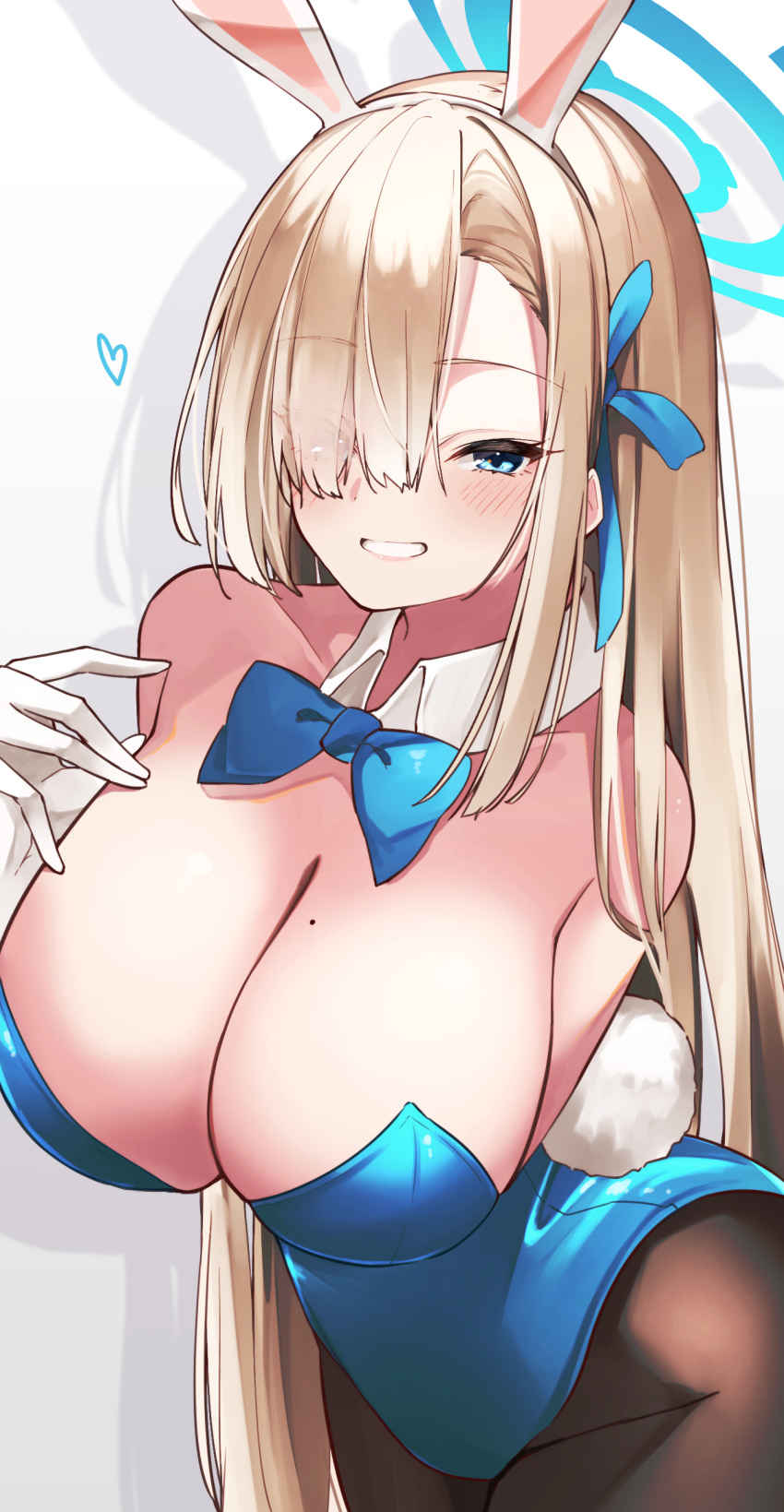 1girl absurdres animal_ears arm_under_breasts asuna_(blue_archive) asuna_(bunny)_(blue_archive) black_pantyhose blonde_hair blue_archive blue_bow blue_bowtie blue_eyes blue_halo blue_leotard blush bow bowtie breasts cleavage commentary_request cowboy_shot detached_collar fake_animal_ears fake_tail gloves grin hair_over_one_eye halo hand_up highres huge_breasts leotard long_hair looking_at_viewer mole mole_on_breast official_alternate_costume official_art one_eye_covered pantyhose playboy_bunny rabbit_ears rabbit_tail simple_background smile solo strapless strapless_leotard tail usa_otome white_background white_gloves