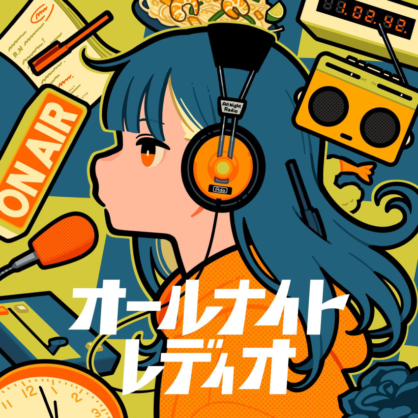 1girl blue_hair bright_pupils clock food green_outline highres long_hair miyoshi_yoshimi noodles orange_eyes original outline paper pen profile radio second-party_source shrimp solo upper_body white_pupils