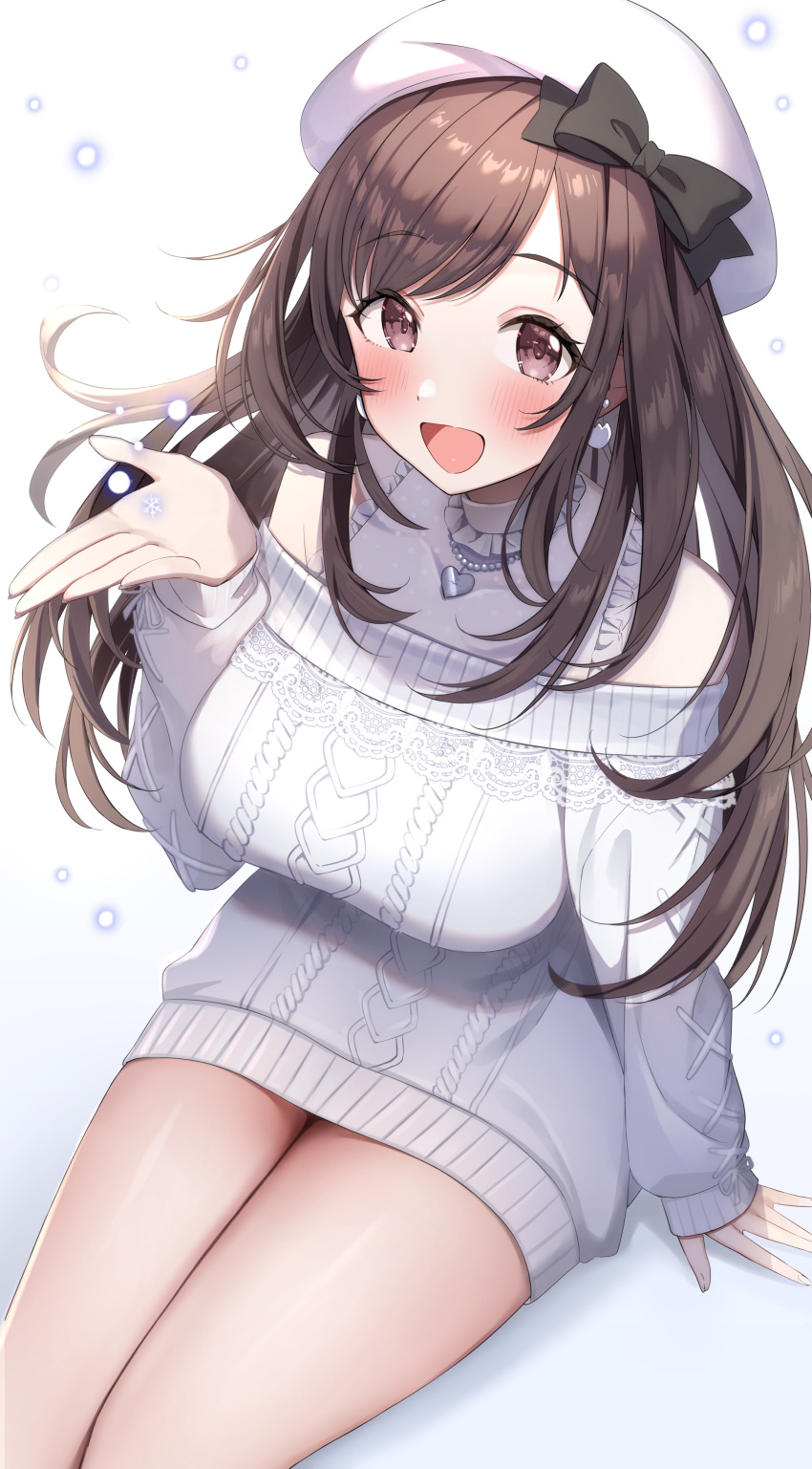 1girl absurdres arm_support bare_legs beret blush breasts brown_hair gawawawa hat heart heart_necklace highres idolmaster idolmaster_shiny_colors jewelry large_breasts long_hair looking_at_viewer necklace simple_background sitting smile snowflakes solo sweater tsukioka_kogane very_long_hair white_background white_headwear white_sweater