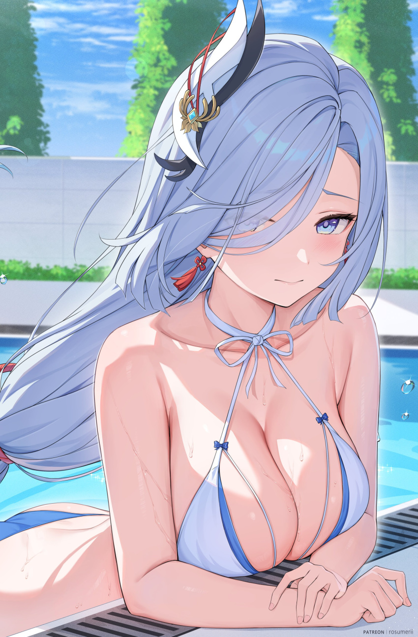 1girl absurdres alternate_costume ass bikini blue_bikini blue_hair blue_sky blush breasts bush cleavage closed_mouth earrings embarrassed genshin_impact hair_ornament hair_over_one_eye halterneck highres jewelry large_breasts long_hair looking_at_viewer low-tied_long_hair outdoors parted_bangs pool poolside purple_eyes red_tassel rosumerii shenhe_(genshin_impact) sky swimsuit tassel tassel_earrings upper_body water white_bikini