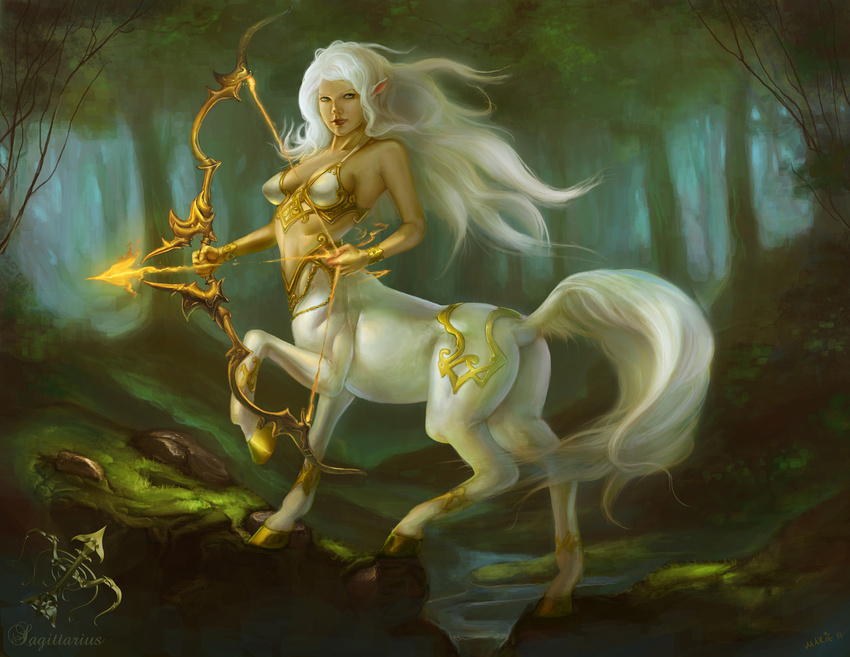 archer arrow bokeh bow butt centaur equine female fire gold hair mariecannabis raised_tail sagittarius tail taur unconvincing_armour white white_hair zodiac