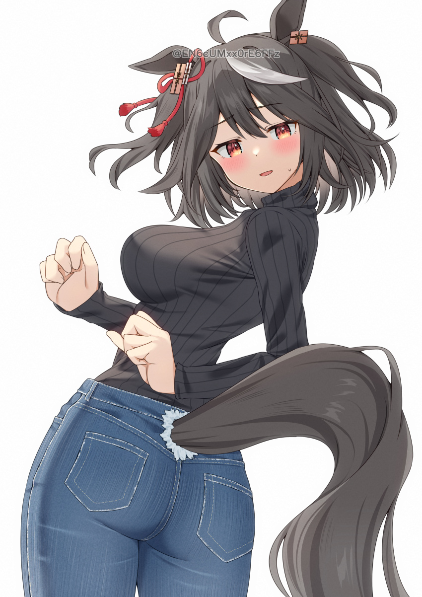 1girl absurdres ahoge alternate_costume animal_ears ass black_hair black_sweater blue_pants blush commentary_request cowboy_shot denim double-parted_bangs from_behind hair_between_eyes highres horse_ears horse_girl horse_tail jeans kitasan_black_(umamusume) long_sleeves looking_at_viewer looking_back multicolored_hair open_mouth pants red_eyes ribbed_sweater short_hair simple_background solo streaked_hair sweater tail two-tone_hair umamusume white_background white_hair yamano_rokamizu