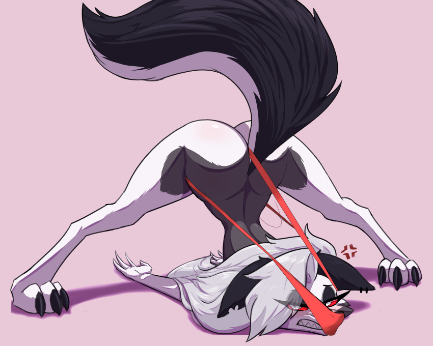 absurd_res angry anthro ass_up atomic_wedgie bullying butt canid canid_demon carbonfloof clothed clothing convenient_censorship cross-popping_vein demon female fur grey_body grey_fur hair hair_covering_breasts hellhound helluva_boss hi_res jack-o'_pose long_hair loona_(helluva_boss) mammal panties pose red_clothing red_panties red_underwear silver_hair solo third-party_edit thong topless topless_anthro topless_female underwear wedgie