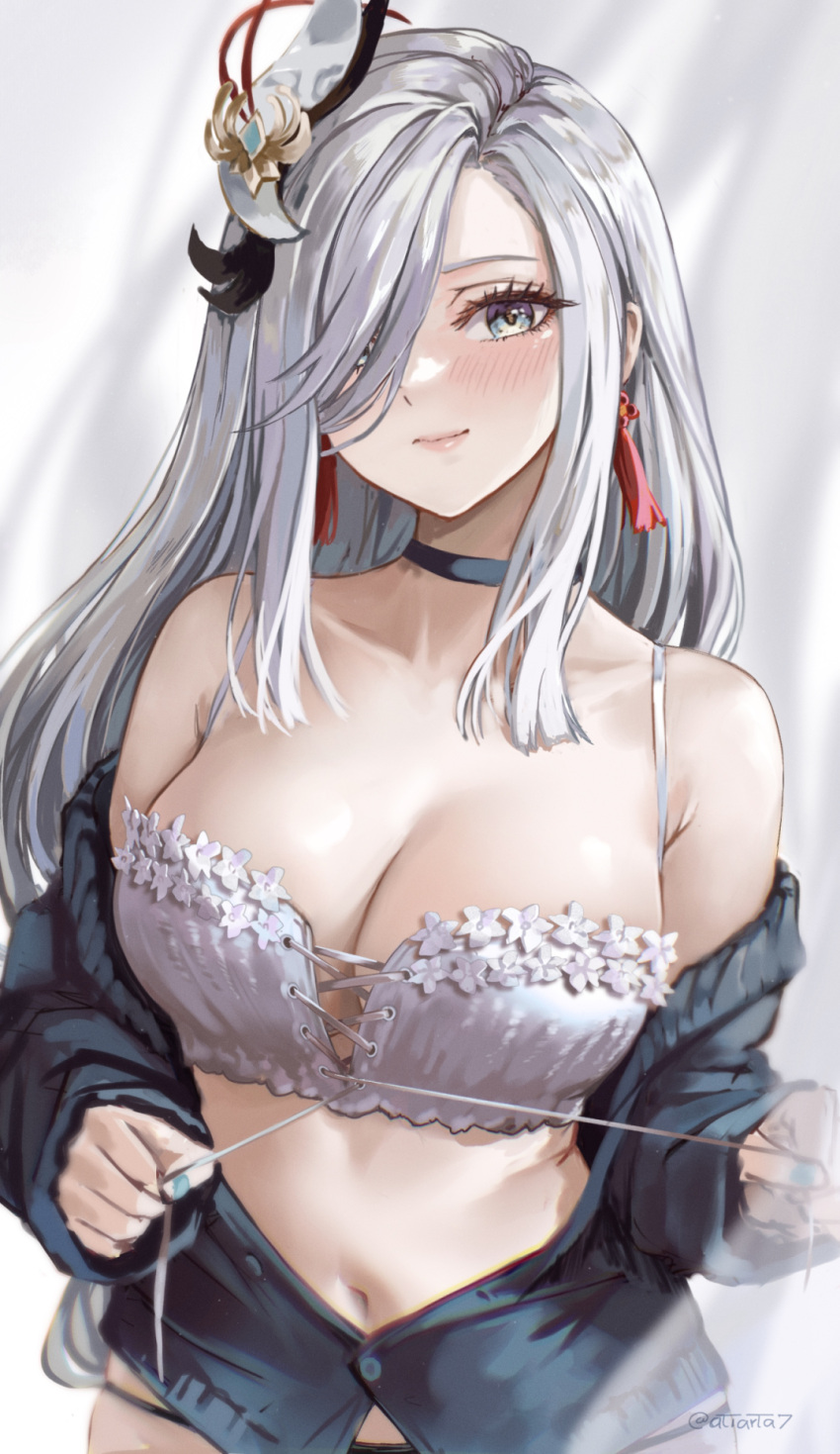 1girl alternate_costume atiarta7 bare_shoulders black_choker black_jacket blue_eyes blush breasts choker crop_top genshin_impact grey_hair hair_ornament hair_over_one_eye highres jacket large_breasts long_hair looking_at_viewer open_clothes open_jacket shenhe_(genshin_impact) smile solo very_long_hair white_hair