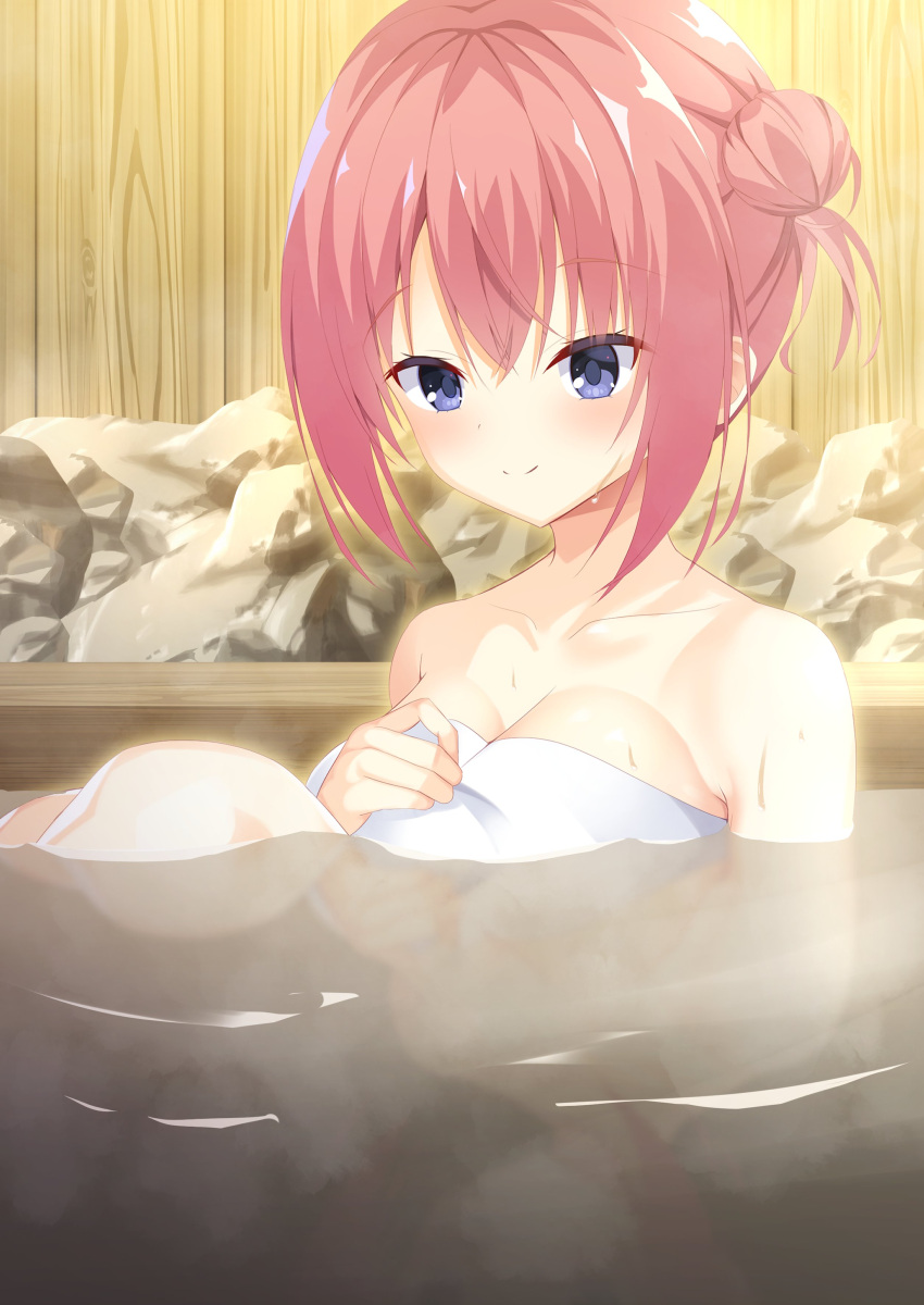 1girl absurdres bare_shoulders blue_eyes blush breasts calamity_saika cleavage closed_mouth commentary eyelashes eyes_visible_through_hair hair_between_eyes hair_bun hand_on_own_chest highres knees_up large_breasts looking_down medium_hair naked_towel one_side_up onsen ozato_fumika partially_submerged red_hair reflection reflective_water single_side_bun sitting smile solo split_mouth steam tenshi_souzou_re-boot! towel tsurime water wet