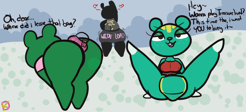 agnes_(animal_crossing) amphibian animal_crossing anthro bedroom_eyes bent_over big_butt bottomless butt clothed clothing domestic_pig erect_nipples female frog group hi_res jambette_(animal_crossing) klutzatdusk leaning leaning_forward looking_at_viewer mammal narrowed_eyes nibbles_(animal_crossing) nintendo nipples presenting presenting_hindquarters rodent sciurid seductive shirt short_stack spread_legs spreading stretching suid suina sus_(pig) tank_top teasing topwear tree_squirrel trio