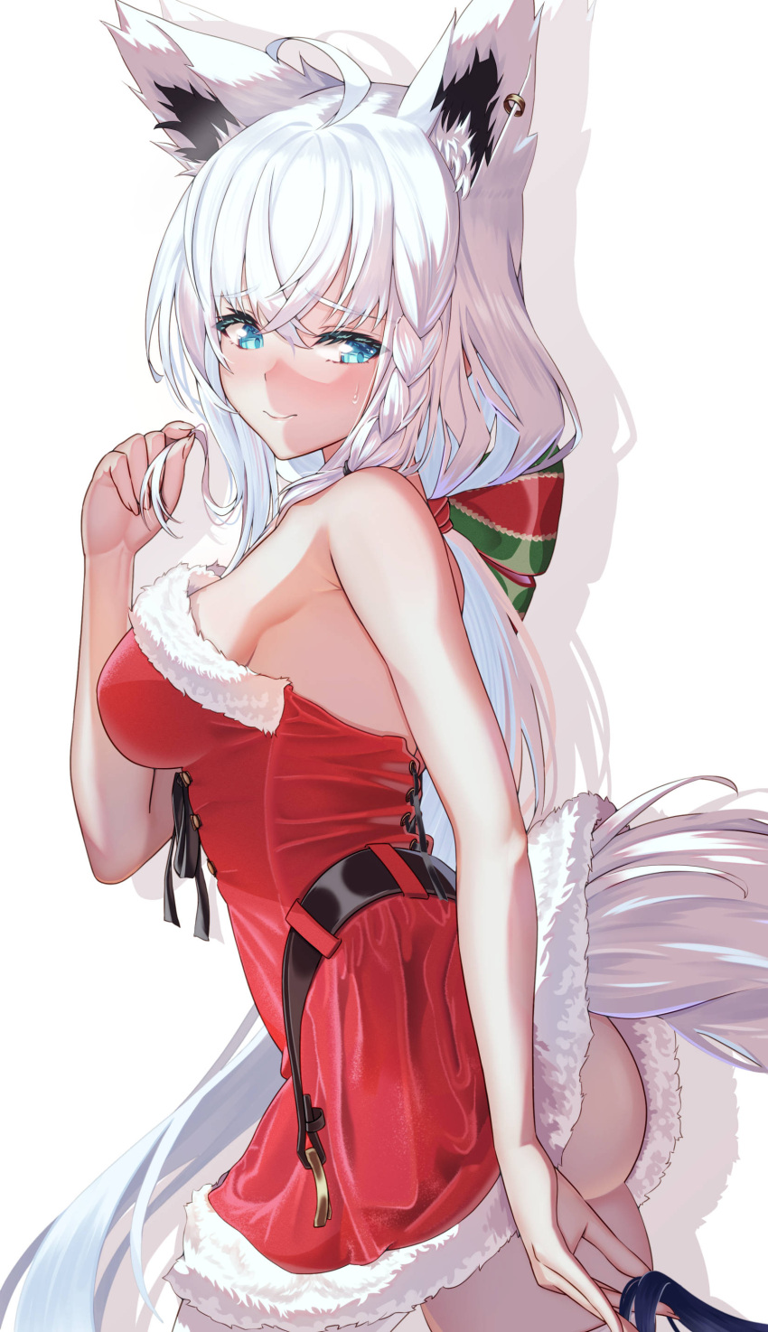 1girl absurdres ahoge animal_ears aqua_eyes armpit_crease bare_shoulders belt braid breasts christmas dress earrings fox_ears fox_girl fox_tail fur_trim hair_between_eyes highres hololive jewelry long_hair medium_breasts santa_dress shirakami_fubuki side_braid simple_background single_braid single_earring sleeveless sleeveless_dress solo sweatdrop ta_shiuji30 tail very_long_hair virtual_youtuber white_background white_hair