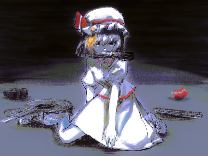 1girl absurdres acoustic_guitar breasts broken_guitar can collared_shirt commentary_request cookie_(touhou) dahaoli full_body guitar hair_between_eyes hair_ribbon hat highres hisaka_(cookie) instrument kneeling long_bangs looking_at_viewer mary_janes mob_cap mouth_hold puffy_short_sleeves puffy_sleeves purple_eyes purple_hair red_ribbon remilia_scarlet ribbon shirt shoes short_hair short_sleeves skirt skirt_set small_breasts soda_can solo touhou white_headwear white_shirt white_skirt