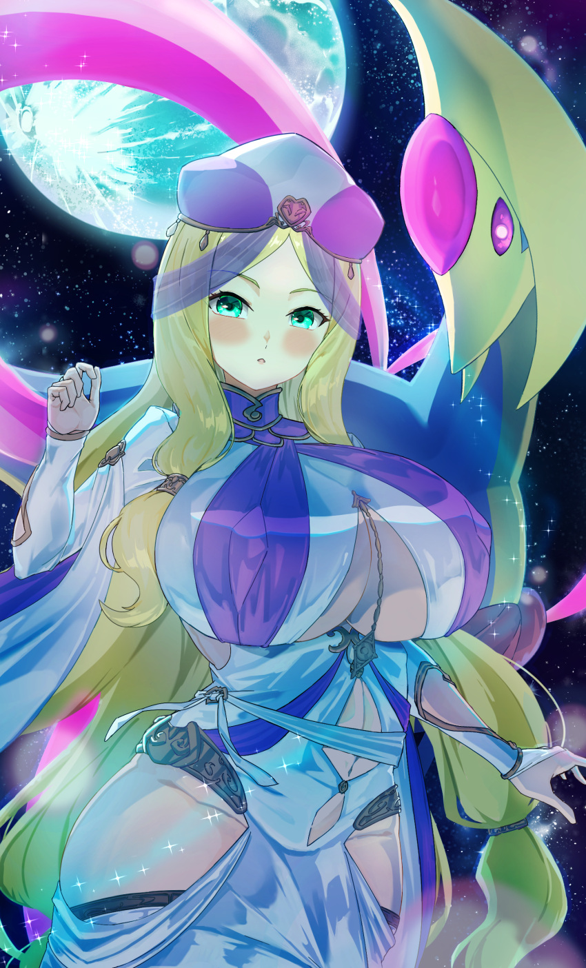 1girl absurdres aged_up aqua_eyes beret blonde_hair blush breasts bridal_gauntlets caitlin_(pokemon) clothing_cutout commentary_request cowboy_shot cresselia dress full_moon groin hand_up hat highres hip_vent hizakake huge_breasts long_dress long_hair long_sleeves looking_at_viewer moon navel navel_cutout parted_bangs parted_lips pokemon pokemon_(creature) pokemon_bw sidelocks solo_focus standing starry_background underboob very_long_hair white_dress