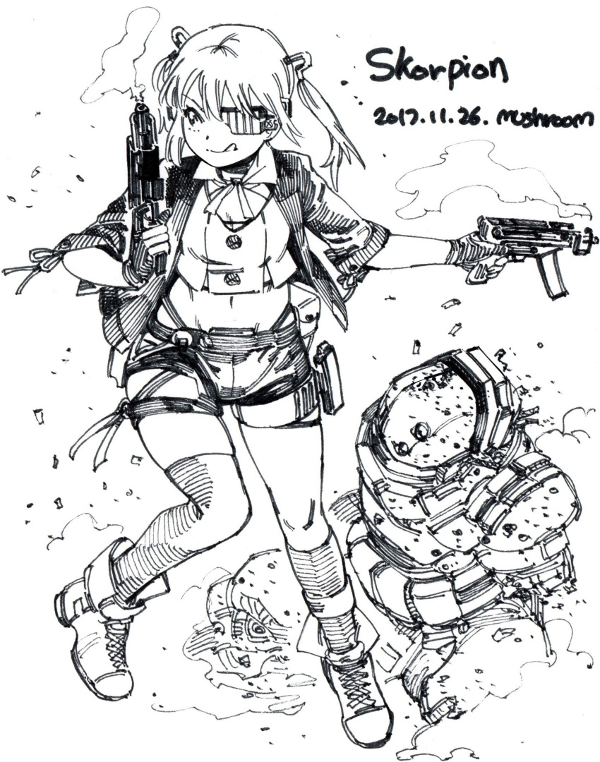 1girl :q absurdres artist_name ascot asymmetrical_legwear boots broken character_name character_request closed_mouth commentary crop_top crosshatching dated dual_wielding eyepatch full_body girls'_frontline gloves greyscale groin gun hair_ornament hatching_(texture) highres holding holding_gun holding_weapon holster jacket kneehighs looking_to_the_side midriff monochrome mushroom_(osh320) navel one_eye_covered open_clothes open_jacket partially_fingerless_gloves robot shell_casing short_shorts short_sleeves shorts single_kneehigh single_sock single_thighhigh skorpion_(girls'_frontline) skorpion_vz._61 smile smoke smoking_gun socks solo standing standing_on_one_leg submachine_gun thigh_holster thighhighs tongue tongue_out twintails uneven_legwear weapon