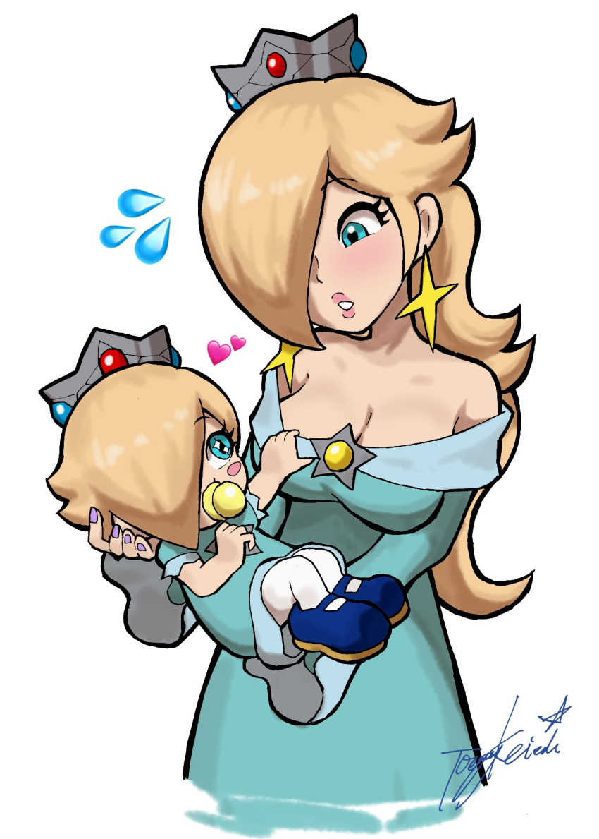 2girls aged_down aqua_dress baby_rosalina bare_shoulders blonde_hair blush breasts brooch cleavage crown dress dual_persona earrings hair_over_one_eye highres holding_baby jewelry large_breasts long_hair long_sleeves mario_(series) multiple_girls off-shoulder_dress off_shoulder one_eye_covered rosalina star_(symbol) star_brooch star_earrings toggy_keiichi