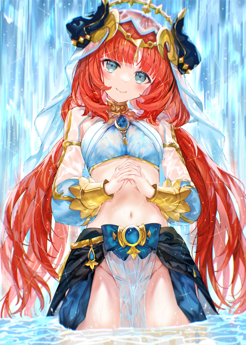 1girl absurdres armlet blue_skirt blush bracer breasts brooch fake_horns genshin_impact green_eyes groin hair_ornament harem_outfit highres horns jewelry kou_mashiro large_breasts long_hair long_sleeves looking_at_viewer low_twintails navel neck_ring nilou_(genshin_impact) no_panties pelvic_curtain puffy_long_sleeves puffy_sleeves red_hair sash sidelocks skirt smile solo thighlet thighs twintails veil wading water waterfall wet
