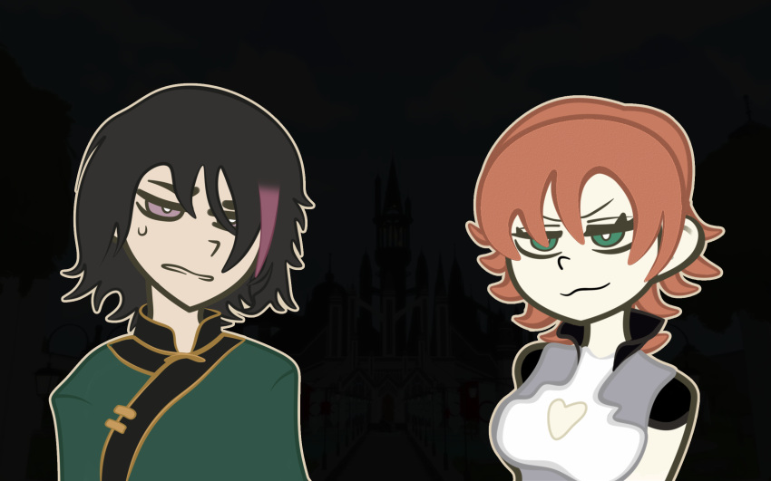 1boy 1girl armor black_background black_collar black_hair chinese_clothes cleavage_cutout closed clothing_cutout collar frustrated golden_collar green_eyes green_trenchcoat highres jnpr lie_ren meme non-web_source nora_valkyrie orange_hair parody purple_bang purple_eyes red_vs_blue rwby serious short_hair simple_background style_parody white_cleavage