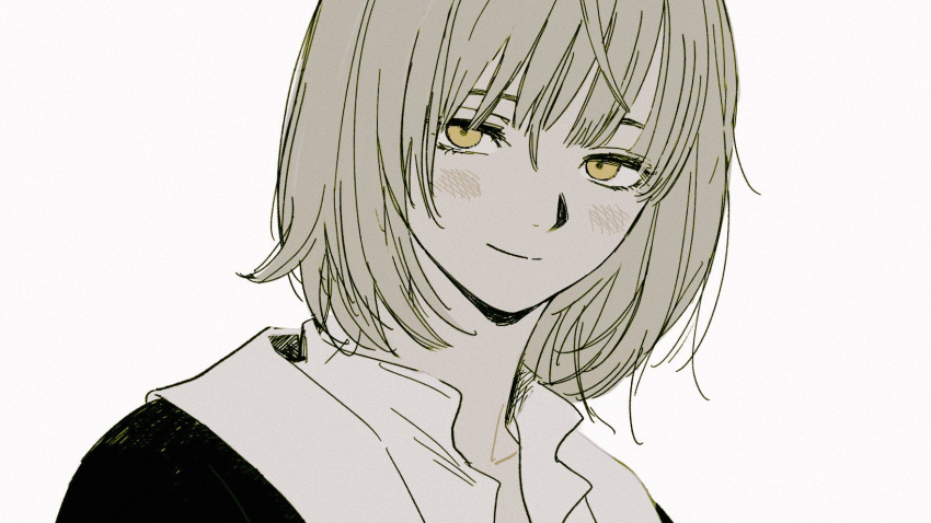 1girl black_jacket bob_cut bush closed_mouth collarbone collared_shirt dungeon_meshi falin_thorden frs2 grey_hair highres jacket light_smile looking_at_viewer shirt short_hair simple_background solo solo_focus white_background yellow_eyes