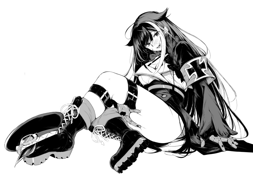 absurdres azur_lane black_hair blush boots breasts cross deutschland_(azur_lane) eyewear_on_headwear goggles goggles_on_headwear highres iron_cross large_breasts leg_belt mechanical_hands monochrome multicolored_hair platform_boots platform_footwear simple_background streaked_hair takeakigaku thick_thighs thighs white_background