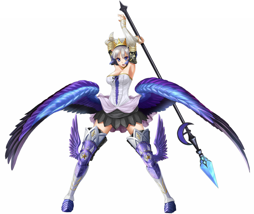 armor armored_dress armpits blue_eyes boots breasts cleavage crescent crown crystal detached_sleeves dress gwendolyn highres jewelry large_breasts low_wings odin_sphere open_mouth polearm ring silver_hair simple_background solo spear star strapless strapless_dress takebi thigh_boots thighhighs weapon wings zettai_ryouiki