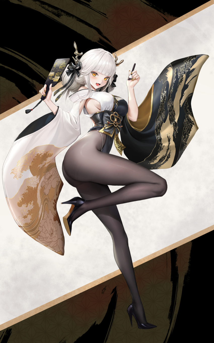 1girl :d ass black_kimono blanc_(nikke) blanc_(white_rabbit)_(nikke) blush bodystocking breasts fang full_body goddess_of_victory:_nikke gold_nails hair_ornament hairpin hanetsuki high_heels highleg highres holding holding_paintbrush holding_racket ink japanese_clothes kimono leg_up legs medium_breasts open_mouth paintbrush racket skin_fang smile white_hair yellow_eyes yuen