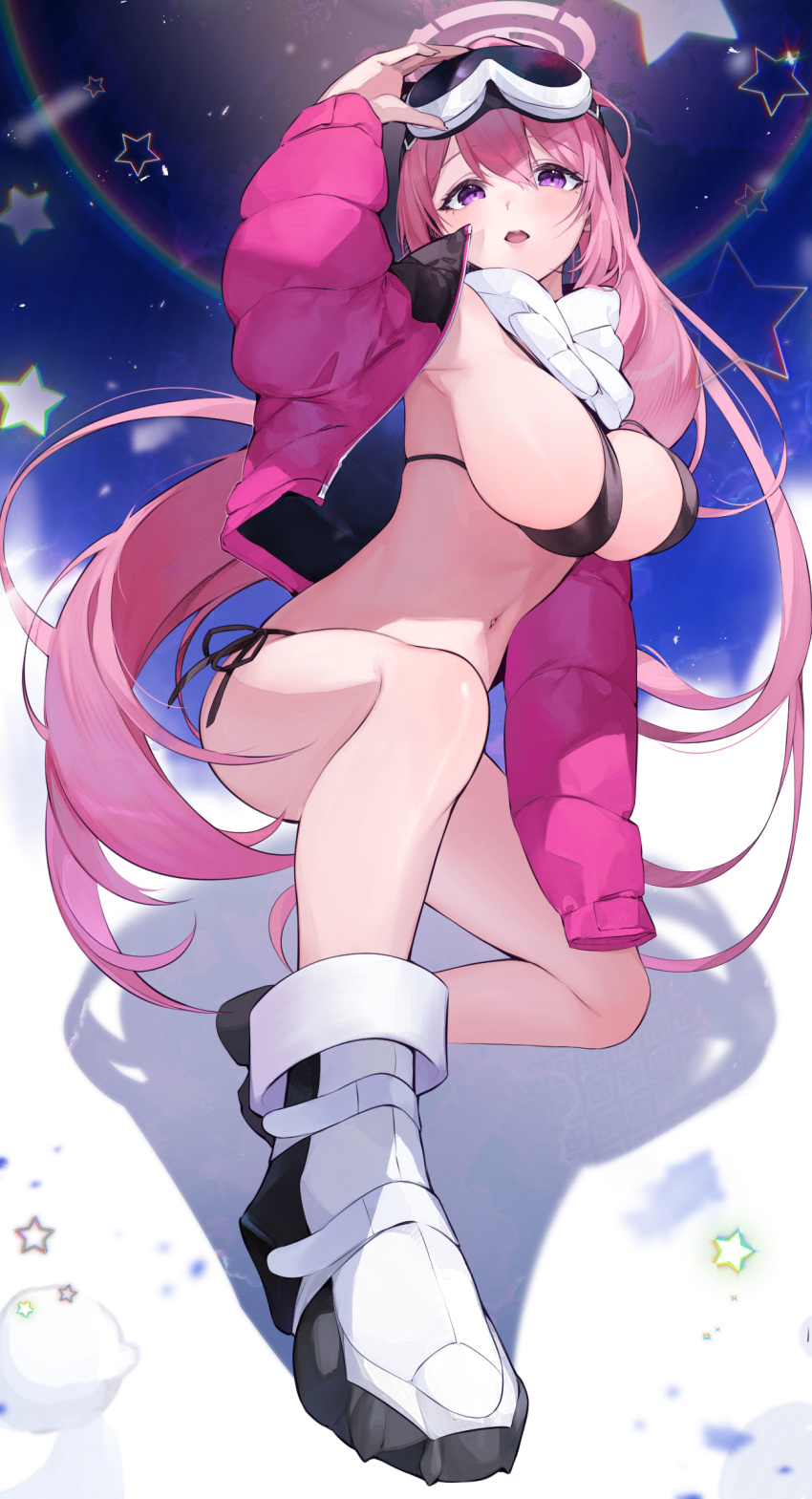 1girl absurdres ass blue_archive blush boots eimi_(blue_archive) eimi_(swimsuit)_(blue_archive) full_body goggles goggles_on_head halo highres jacket koyo_akio long_hair long_sleeves looking_at_viewer official_alternate_costume open_clothes open_jacket open_mouth pink_eyes pink_hair pink_halo pink_jacket ponytail solo star_(symbol) very_long_hair white_footwear