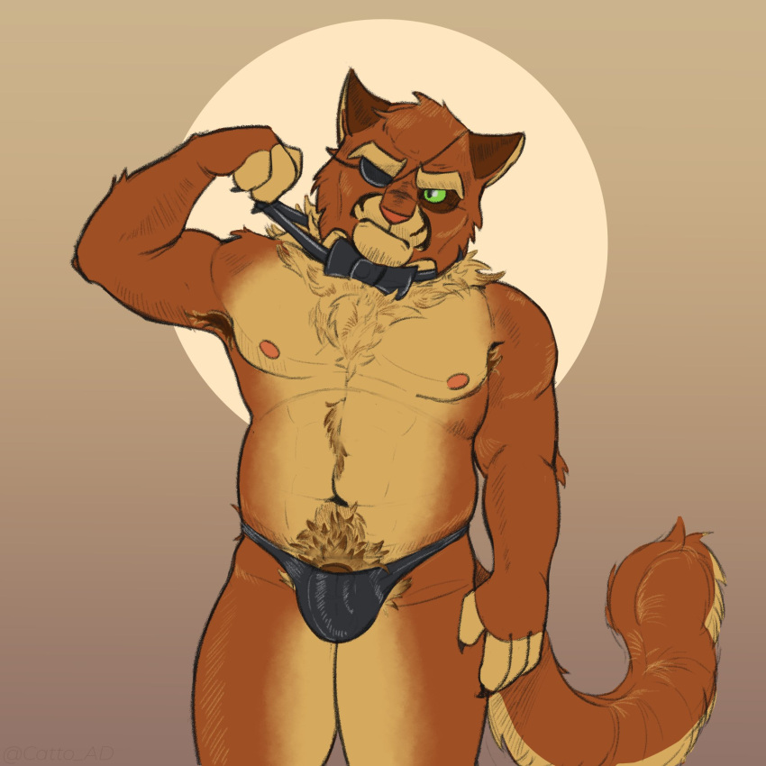 anthro body_hair bow_tie chest_fur chubby_male clothing darkcatto displeased eye_patch eyewear felid feline fur happy_trail hi_res jockstrap lackadaisy looking_annoyed male mammal moobs musclegut neck_tuft orange_body orange_fur slightly_chubby solo tuft underwear viktor_vasko webcomic