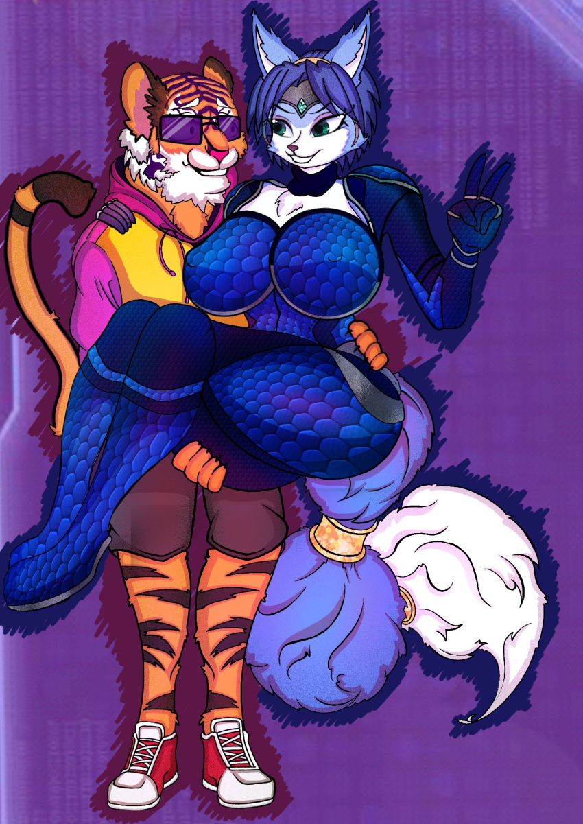 anthro big_breasts blue_body bottomwear breasts canid canine carrying_another clothing duo espacialrx95 eyewear felid female flight_suit footwear fox gesture glasses hi_res jacket krystal male mammal nintendo nipple_outline orange_body pantherine shoes shorts smile sneakers star_fox stripes tiger topwear v_sign zack_(zak898)