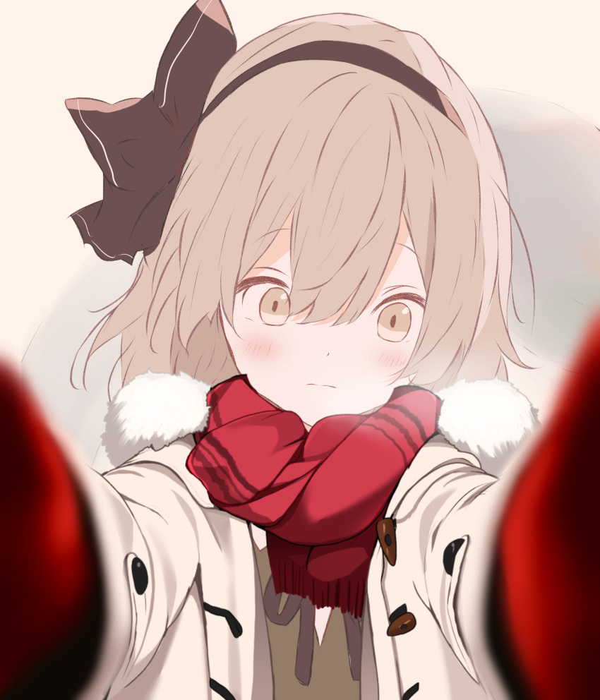 1girl absurdres black_bow black_bowtie black_hairband black_ribbon bow bowtie closed_mouth coat commentary_request duffel_coat fringe_trim frown fur-trimmed_hood fur_trim gloves green_vest grey_background grey_eyes grey_hair hair_ribbon hairband highres hood hood_down hooded_coat iris-san konpaku_youmu light_blush long_sleeves medium_hair meme open_clothes open_coat outstretched_arms pov pov_cheek_warming_(meme) reaching reaching_towards_viewer red_gloves red_scarf ribbon scarf shirt solo touhou two-tone_background upper_body v-neck vest white_coat white_shirt white_sleeves winter_clothes yellow_background