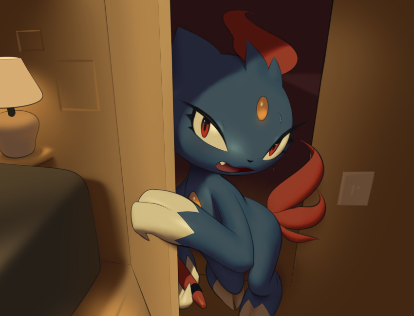 ambiguous_gender bed bedroom bodily_fluids claws crayon feral furniture generation_2_pokemon hi_res inkune lamp lightswitch nintendo open_mouth opening_door pokemon pokemon_(species) sneasel solo sweat teeth tongue