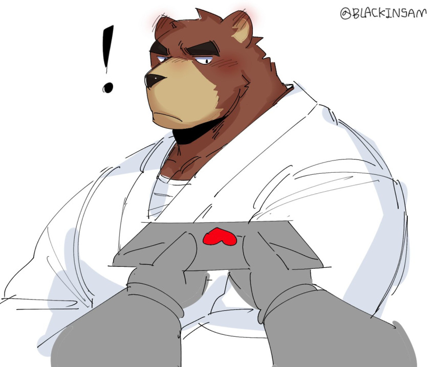 &lt;3 2023 anthro artist_name bear black_bear blackinsam blush brown_body brown_fur clothing colored countershade_snout countershading duo exclamation_point fur juuichi_mikazuki keikogi letter male mammal martial_arts_uniform moon_bear morenatsu multicolored_body multicolored_fur simple_background snout solo_focus sportswear tan_body tan_fur two_tone_body two_tone_fur ursine white_background white_clothing