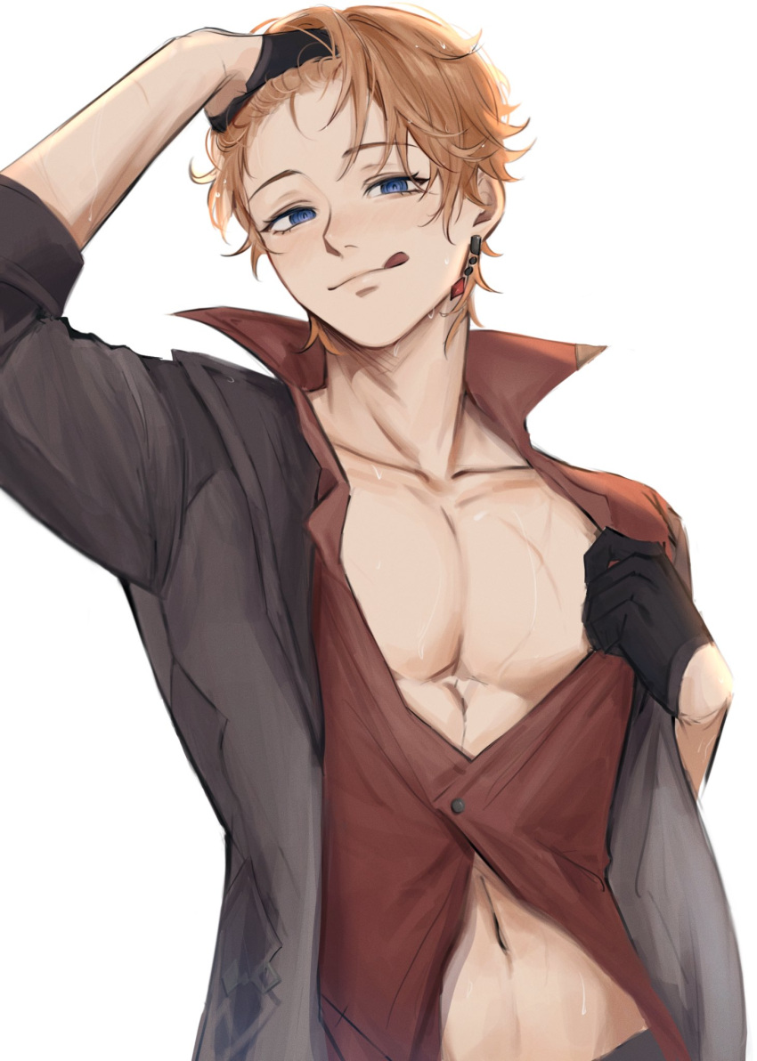 1boy :q abs black_gloves blue_eyes brown_jacket earrings forehead genshin_impact gloves hair_between_eyes highres jacket jewelry long_sleeves male_focus muscular muscular_male navel nokkusuart open_clothes open_shirt orange_hair short_hair smile stomach tartaglia_(genshin_impact) tongue tongue_out