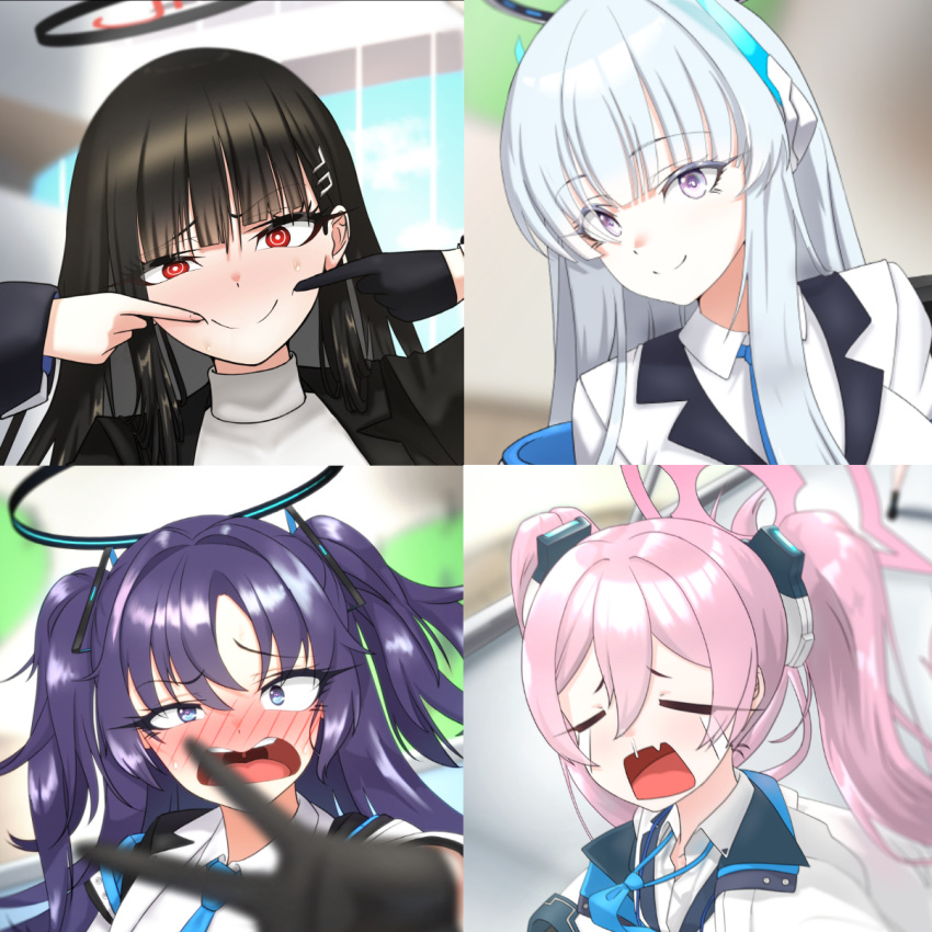 4girls af2345 awkward black_gloves blue_archive blue_necktie blush crying embarrassed gloves halo highres koyuki_(blue_archive) long_hair multiple_girls necktie noa_(blue_archive) rio_(blue_archive) selfie seminar_(blue_archive) smile taking_picture twintails yuuka_(blue_archive)