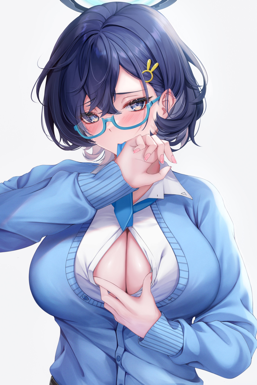 1girl absurdres blue-framed_eyewear blue_archive blue_cardigan blue_eyes blue_hair blue_necktie blush bob_cut breasts button_gap cardigan chihiro_(blue_archive) cleavage collared_shirt commentary_request covering_mouth embarrassed glasses hair_between_eyes hair_ornament hairpin halo highres large_breasts long_sleeves looking_at_viewer mechanical_halo mouth_hold necktie necktie_on_mouth paizuri_invitation parted_bangs rabbit_hair_ornament rai_(newtype_xm-x1) rectangular_eyewear shirt short_hair simple_background solo upper_body white_background white_shirt