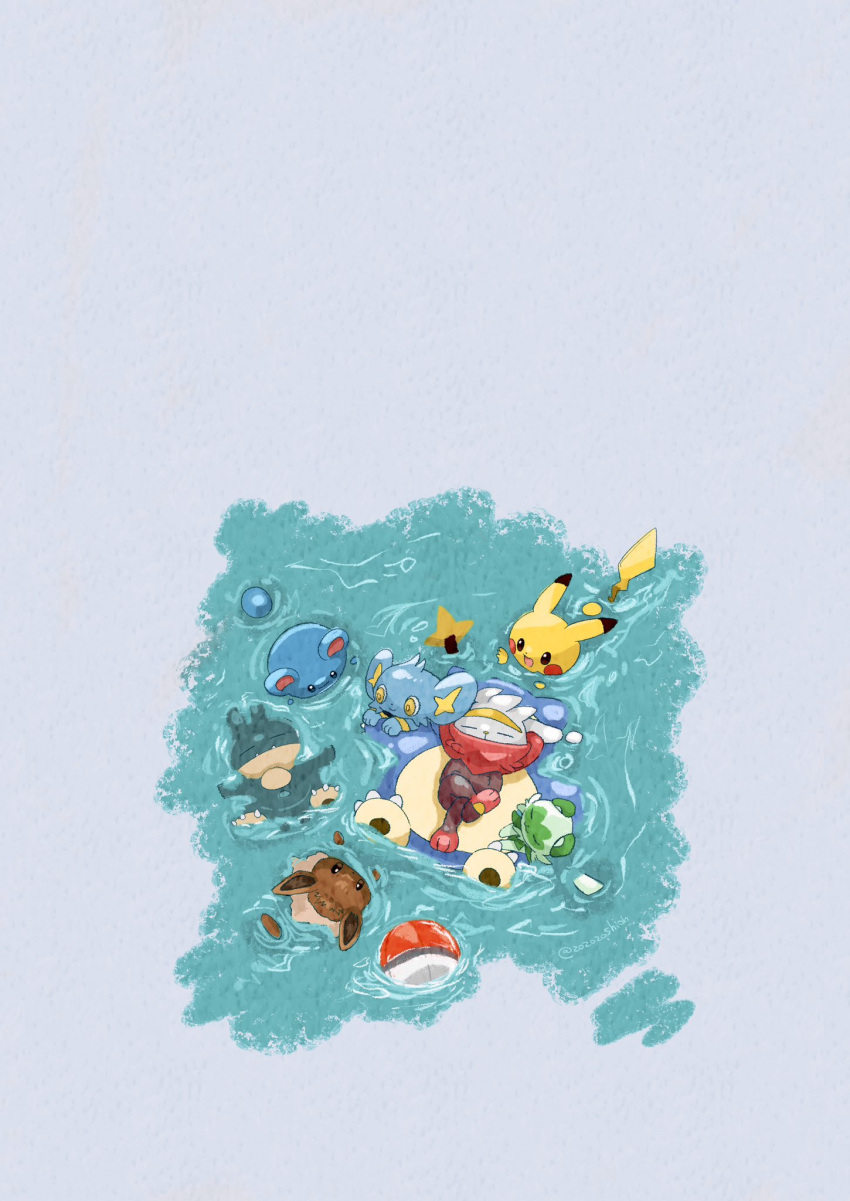 afloat animal_focus black_eyes blue_background closed_eyes colored_skin commentary crossed_legs eevee fangs highres lying marill munchlax no_humans on_back pikachu pokemon pokemon_(creature) rabbit raboot shinx simple_background snorlax sprigatito symbol-only_commentary tail voltorb yellow_skin zozozoshion