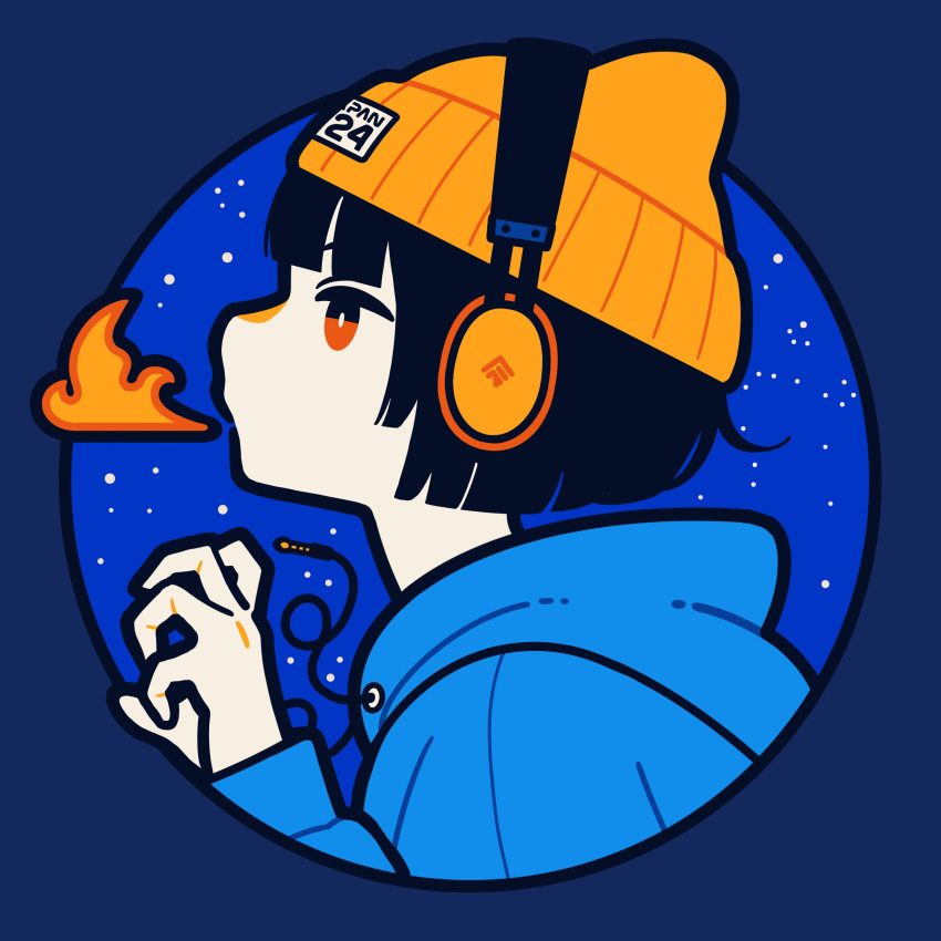 1girl absurdres beanie black_hair blue_background blue_border blue_hoodie border breathing_fire bright_pupils drawstring fire hat highres hood hood_down hoodie long_sleeves miyoshi_yoshimi orange_headwear original profile red_eyes short_hair solo white_pupils