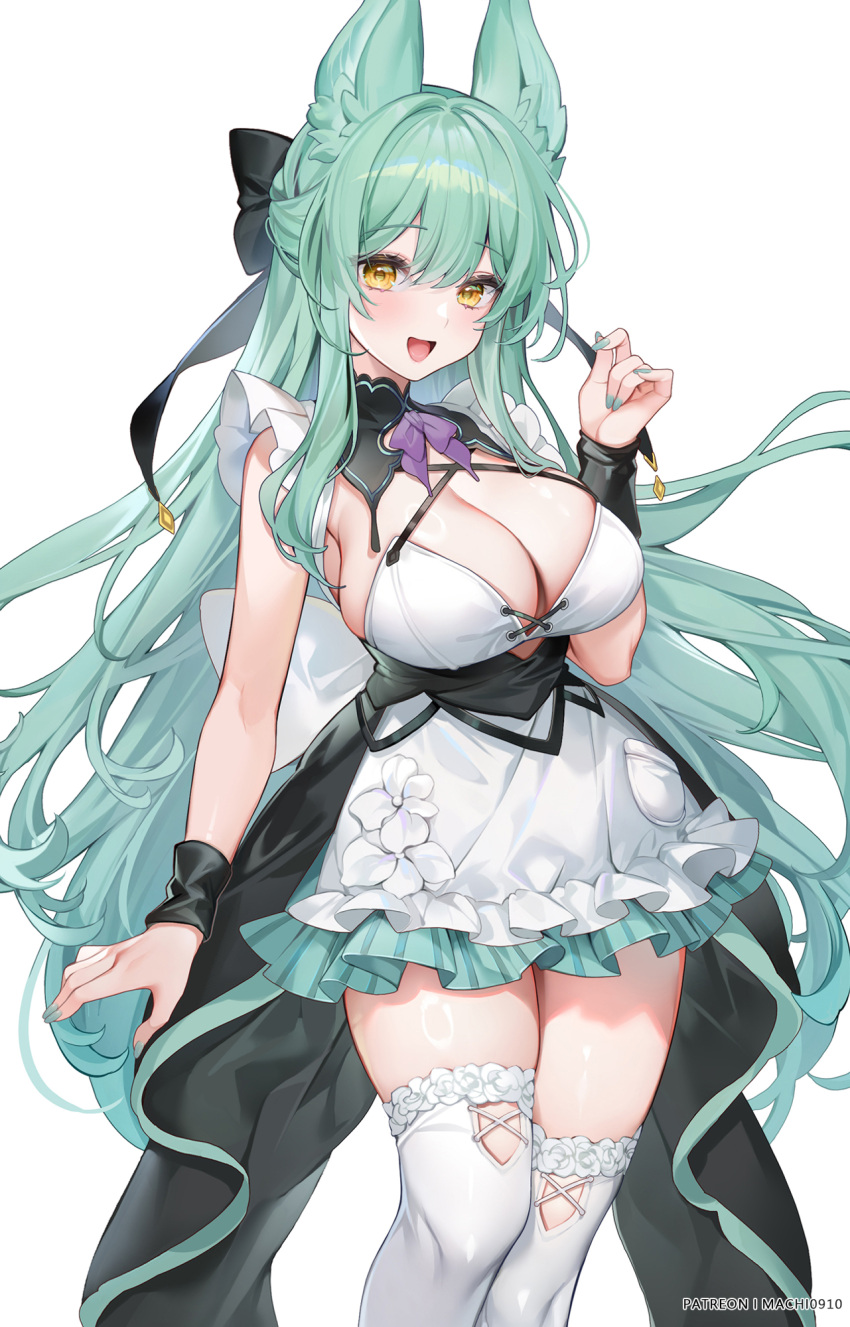 1girl animal_ear_fluff animal_ears aqua_hair black_bow black_cape black_wristband bow breasts cape commentary double-parted_bangs dress feet_out_of_frame fox_ears frilled_dress frills hair_between_eyes hair_bow hair_intakes half_updo hand_up highres large_breasts long_hair looking_at_viewer machi_(7769) maid open_mouth original patreon_username sleeveless sleeveless_dress smile solo thighhighs waist_cape white_dress white_thighhighs yellow_eyes