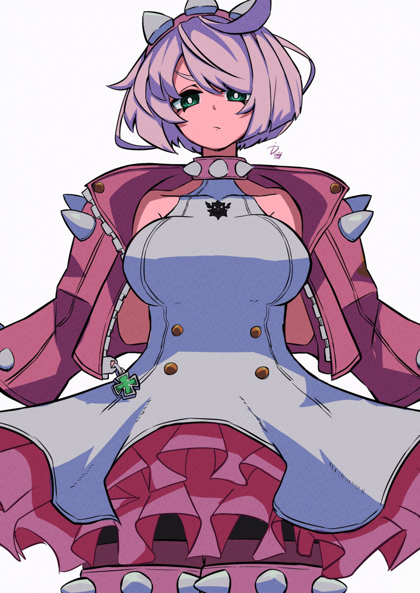 1girl ahoge bracelet breasts clover collar dress elphelt_valentine four-leaf_clover frilled_dress frills green_eyes guilty_gear guilty_gear_strive hairband highres huge_ahoge ida_(idalol490) jacket jewelry large_breasts looking_at_viewer pink_dress pink_jacket short_hair spiked_bracelet spiked_collar spiked_hairband spikes two-tone_dress white_dress white_hair