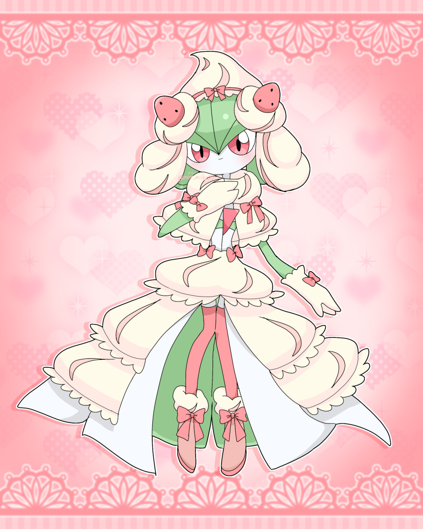 1girl absurdres alcremie alcremie_(cosplay) alcremie_(strawberry_sweet) alcremie_(vanilla_cream) artist_name blush bob_cut boots bow capelet closed_mouth clothed_pokemon commentary_request cosplay footwear_bow frilled_capelet frilled_skirt frills full_body gardevoir gloves green_hair hair_between_eyes hand_on_own_chest hand_up hat heart heart_background highres knees_together_feet_apart looking_at_viewer meru_(mer_milky77) outline partial_commentary pink_background pink_bow pink_footwear pink_thighhighs pokemon pokemon_(creature) red_eyes short_hair showgirl_skirt signature skirt solo standing thighhighs twitter_username white_outline yellow_capelet yellow_gloves yellow_headwear yellow_skirt