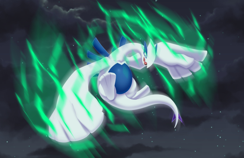 avian bird blue_body blue_eyes cloud dragon feral fin generation_2_pokemon green_energy hi_res iabelle legendary_pokemon licentia_(los) lugia male night nintendo pokemon pokemon_(species) purple_tail_tip sky solo star tail tail_fin the_legacy_of_sylver white_body