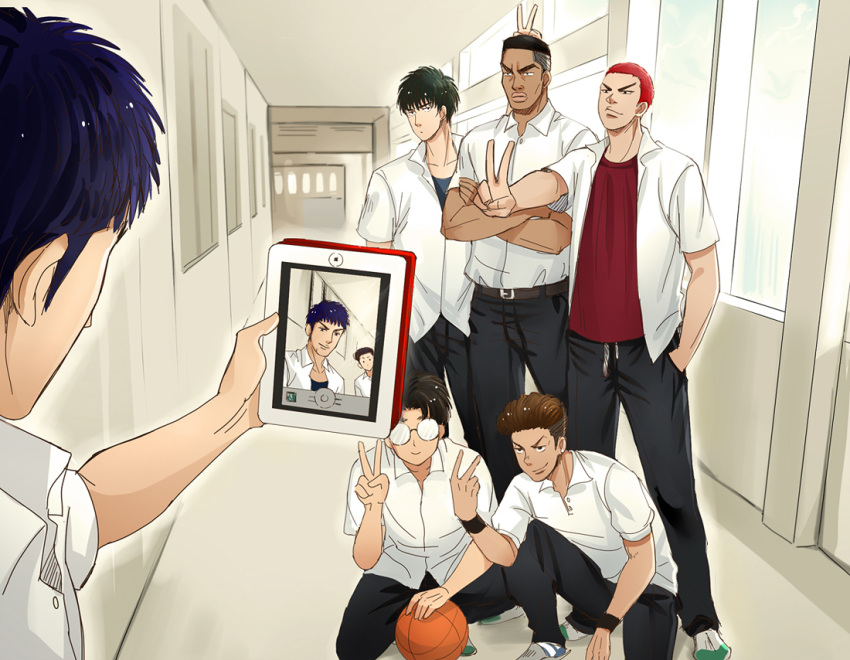 6+boys akagi_takenori ball basketball_(object) belt black_eyes black_hair black_pants black_wristband brown_belt brown_eyes brown_hair buzz_cut closed_mouth crossed_arms dark-skinned_male dark_skin day earrings full_body hallway hand_in_pocket holding holding_ball indoors ipad jewelry kogure_kiminobu looking_at_another male_focus mito_youhei mitsui_hisashi miyagi_ryouta moonjjj multiple_boys open_clothes open_shirt pants red_hair red_shirt rukawa_kaede sakuragi_hanamichi scar scar_on_chin scar_on_face serious shirt shirt_tucked_in short_hair slam_dunk_(series) smile squatting stud_earrings tablet_pc taking_picture undercut v very_short_hair wavy_hair white_shirt