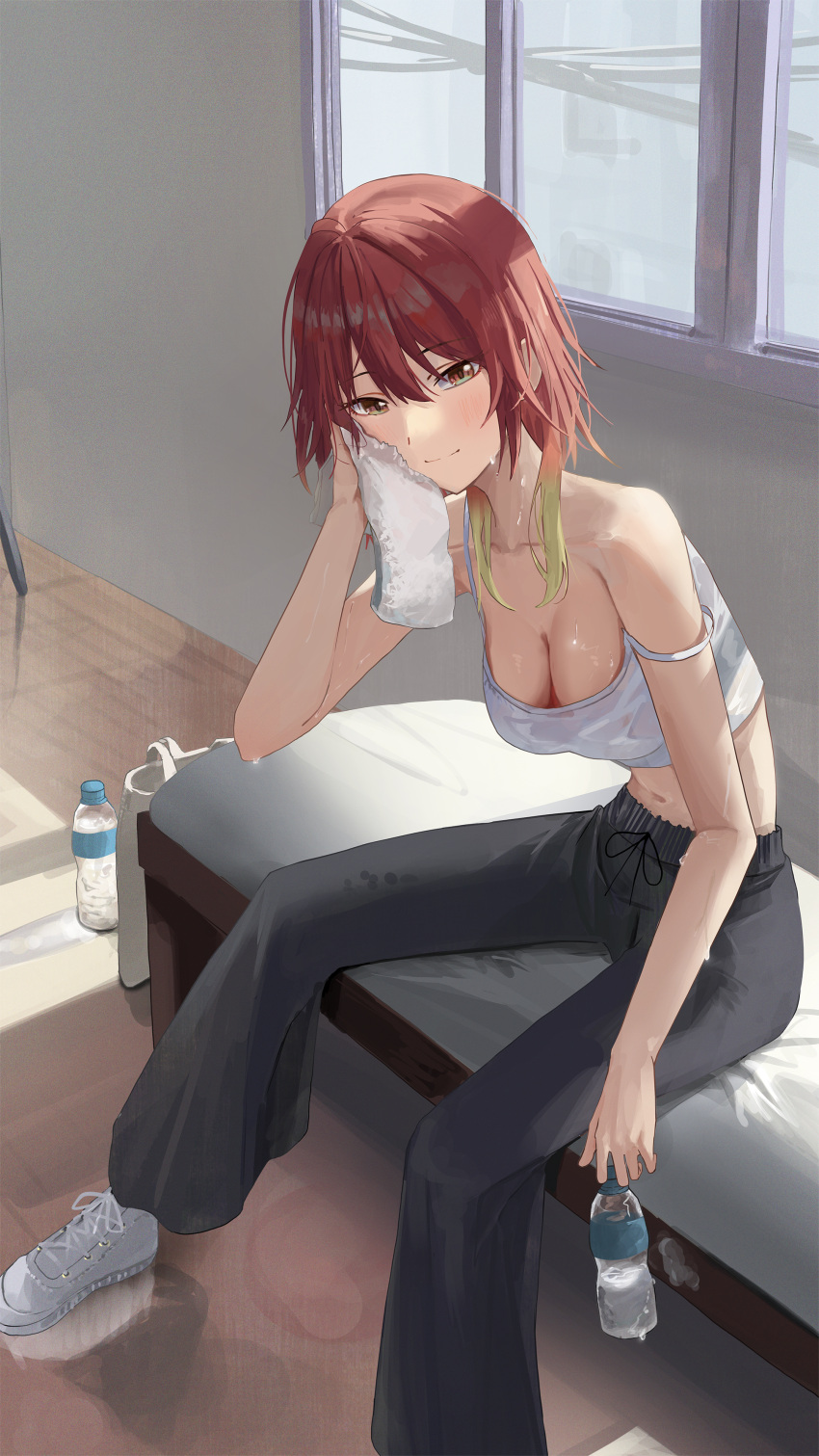 absurdres aketa_mikoto bench bottle brown_eyes commentary cushion hand_towel highres idolmaster idolmaster_shiny_colors looking_at_viewer midriff multicolored_hair navel nofakeuk pants red_hair shoes short_hair sitting sitting_on_bench smile strap_slip sweat sweatpants tank_top two-tone_hair water_bottle window wooden_floor
