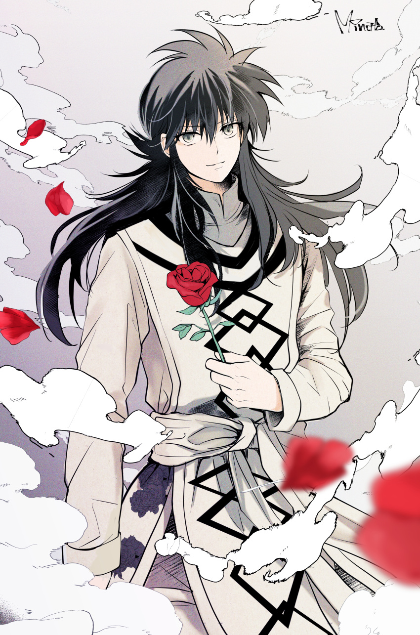 1boy absurdres alternate_color alternate_eye_color alternate_hair_color arm_at_side black_hair closed_mouth cowboy_shot flower grey_background grey_eyes highres holding holding_flower kurama_(yu_yu_hakusho) long_hair long_sleeves looking_at_viewer male_focus minato_x3710 motion_blur petals red_flower red_rose rose sash shirt sidelocks signature smile smoke solo tabard yu_yu_hakusho