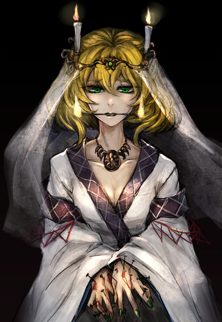 1girl black_background bleeding blonde_hair blood blood_on_hands breasts candle cleavage collarbone commentary_request dark eyelashes fire green_eyes green_nails hair_between_eyes half-closed_eyes hashihime highres injury japanese_clothes jewelry kimono kyogoku-uru long_eyelashes long_sleeves looking_down mizuhashi_parsee mouth_hold nail nail_polish necklace right-over-left_kimono ritual short_hair small_breasts solo straight-on touhou veil voodoo white_kimono wide_sleeves
