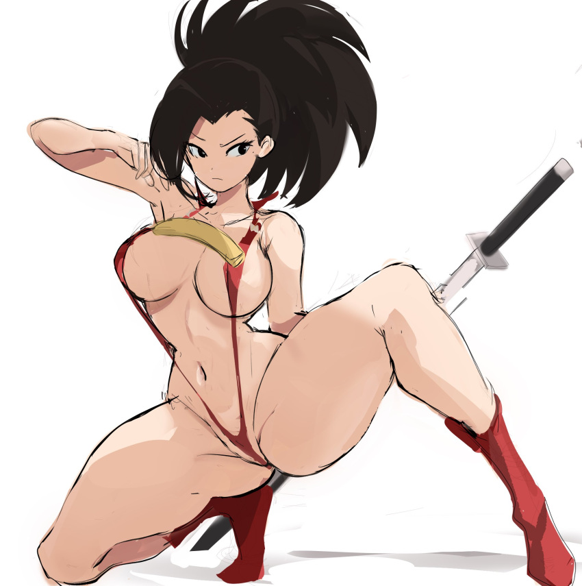 1girl arm_up black_eyes black_hair boku_no_hero_academia boots breasts closed_mouth full_body groin hair_pulled_back high_ponytail highres human_weapon knee_boots large_breasts long_hair looking_to_the_side navel one-piece_swimsuit ponytail rakeemspoon red_footwear red_one-piece_swimsuit revealing_clothes simple_background sketch slingshot_swimsuit solo squatting swimsuit thighs v-shaped_eyebrows weapon white_background yaoyorozu_momo