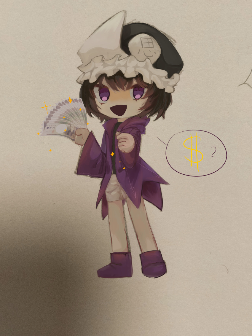 1other absurdres androgynous black_hair black_headwear black_shirt chibi coat dollar_sign frilled_hat frills hat highres holding holding_money hood hood_down hooded_coat len'en long_sleeves mixed_media money no_nose open_mouth other_focus purple_coat purple_eyes purple_footwear shirt shitodo_kuroji shorts smile solo spoken_dollar_sign sryou548 white_shorts wide_sleeves