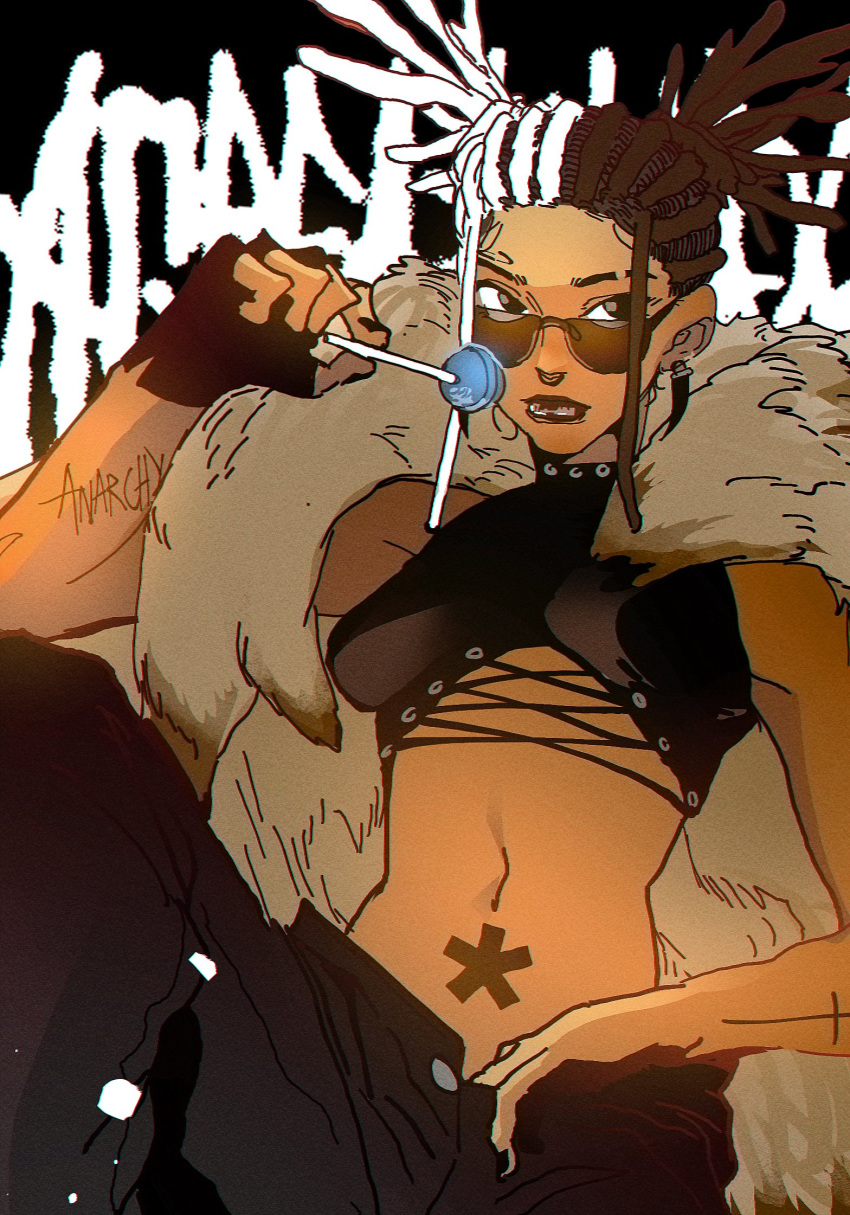 1girl asterisk_(symbol) bare_arms black_background black_eyes black_gloves black_nails black_pants breasts breasts_apart brown_lips buttons candy coat criss-cross_straps crop_top cross_tattoo dangle_earrings dark-skinned_female dark_skin dreadlocks earrings english_text eyebrow_cut film_grain fingerless_gloves fingernails food forehead foreshortening fur_coat gloves hand_on_own_crotch hand_up highres holding holding_candy holding_food holding_lollipop isaacchief300 jewelry leaning_back lipstick lollipop looking_to_the_side makeup medium_breasts multicolored_hair navel nose_piercing nose_ring original pants piercing sidelocks sitting sleeveless sleeveless_turtleneck stomach sunglasses tattoo text_background turtleneck two-tone_hair white_hair