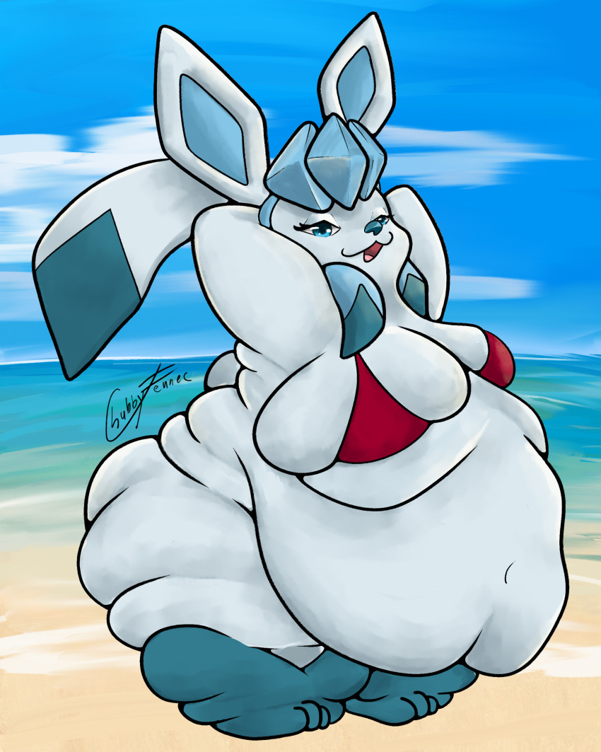 absurd_res anthro beach big_breasts big_butt bra breasts butt chubbyfennec clothing eeveelution female generation_4_pokemon glaceon hi_res huge_breasts huge_butt morbidly_obese morbidly_obese_anthro morbidly_obese_female nintendo obese obese_anthro obese_female ofat_female overweight overweight_anthro overweight_female pokemon pokemon_(species) seaside solo swim_(disambiguation) thick_thighs underwear