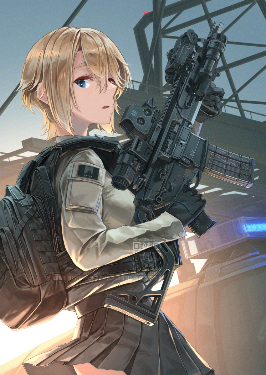 1girl absurdres ar-15 artist_name assault_rifle backpack bag black_bag black_gloves black_skirt blonde_hair blue_eyes dreadtie eotech expressionless flashlight gloves grey_jacket gun highres jacket laser_sight looking_at_viewer optical_sight original rifle school_uniform short_hair skirt solo trigger_discipline weapon