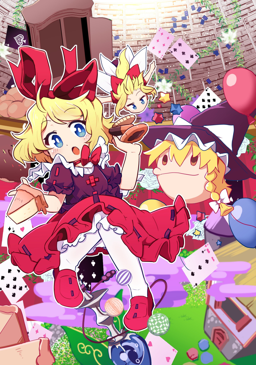 2girls absurdres blonde_hair bloomers blue_eyes bow braid card commentary_request dress food frills hair_bow hair_ribbon hat highres kanisawa_yuuki kirisame_marisa mary_janes medicine_melancholy multiple_girls open_mouth pantyhose pie ponytail puffy_short_sleeves puffy_sleeves red_footwear ribbon shoes short_hair short_sleeves skirt su-san touhou underwear wardrobe white_pantyhose wings