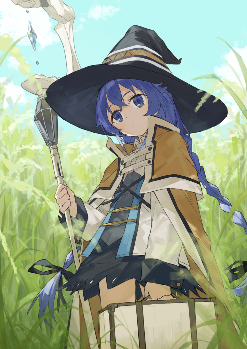 1girl black_ribbon black_skirt blue_eyes blue_hair blue_sky braid brown_cloak capelet cloak cloud dot_mouth dress flat_chest grass grey_dress hair_between_eyes hair_ribbon hat head_tilt highres holding holding_staff holding_suitcase jacket mage_staff mushoku_tensei perorin ribbon roxy_migurdia skirt sky solo staff suitcase sunlight twin_braids two-tone_dress wheat_field white_capelet white_jacket witch_hat